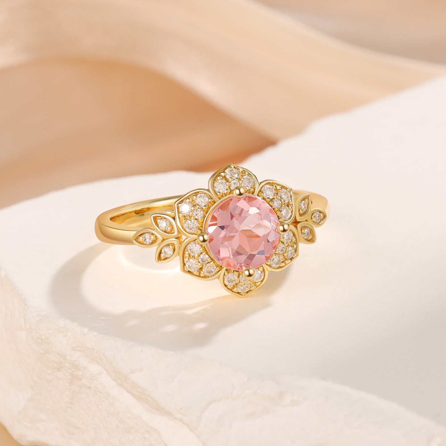 18K Gold Natural Morganite With Moissanite Ring