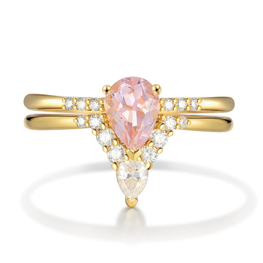 18K Gold Natural Morganite With Moissanite Rings Set