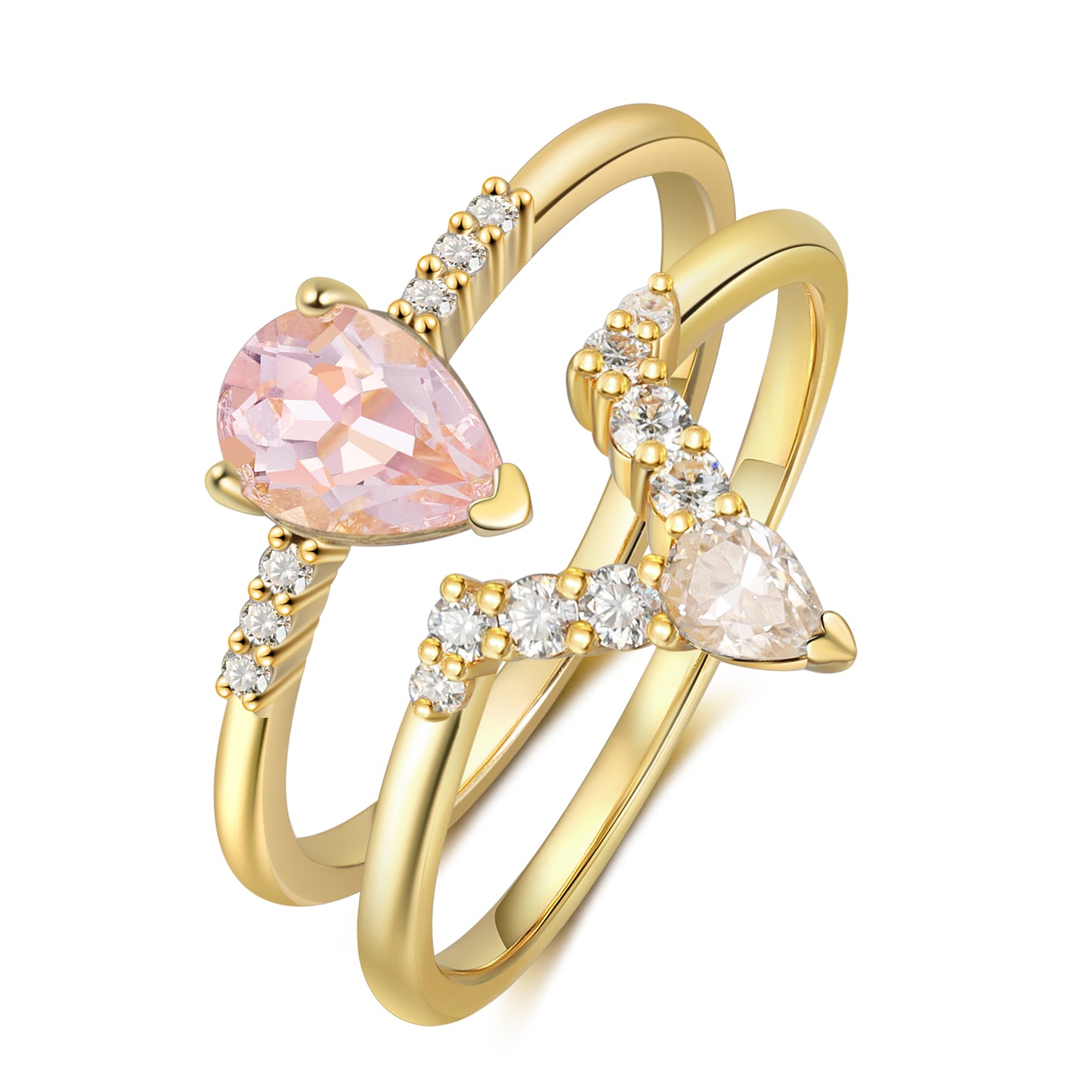 18K Gold Natural Morganite With Moissanite Rings Set
