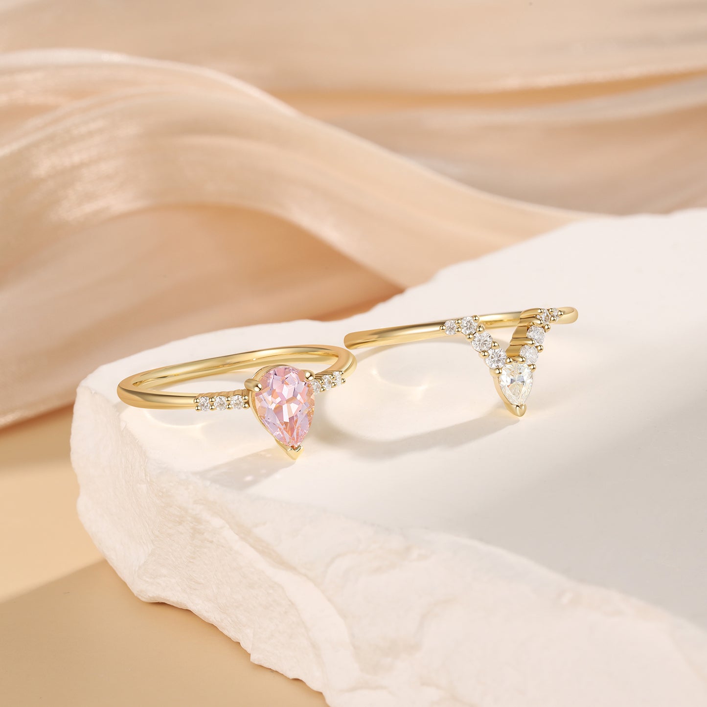 18K Gold Natural Morganite With Moissanite Rings Set