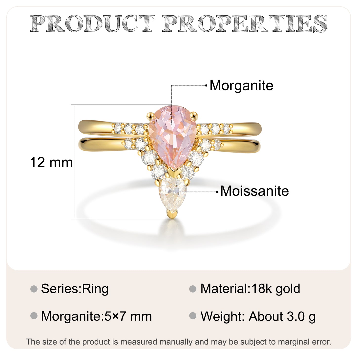 18K Gold Natural Morganite With Moissanite Rings Set