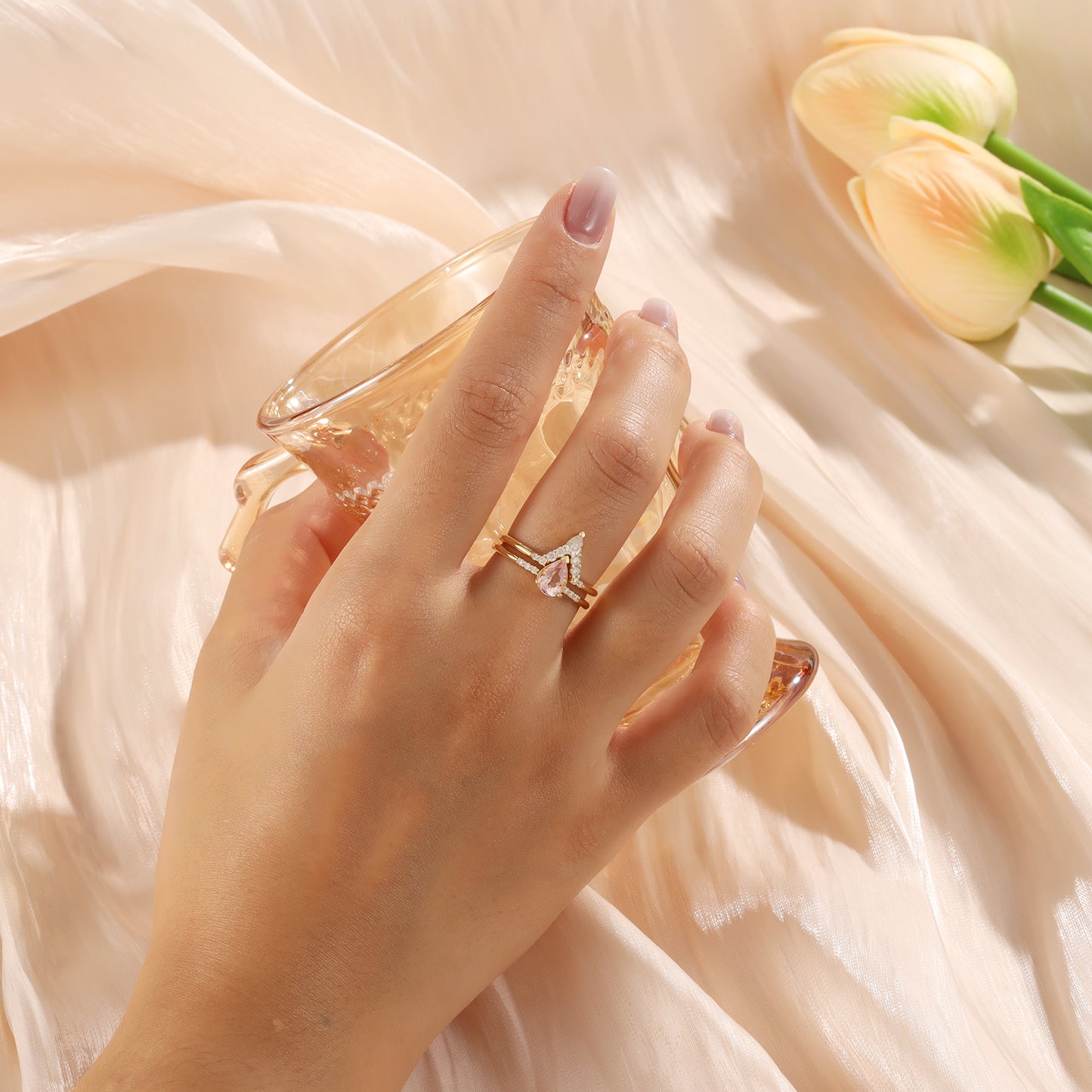 18K Gold Natural Morganite With Moissanite Rings Set
