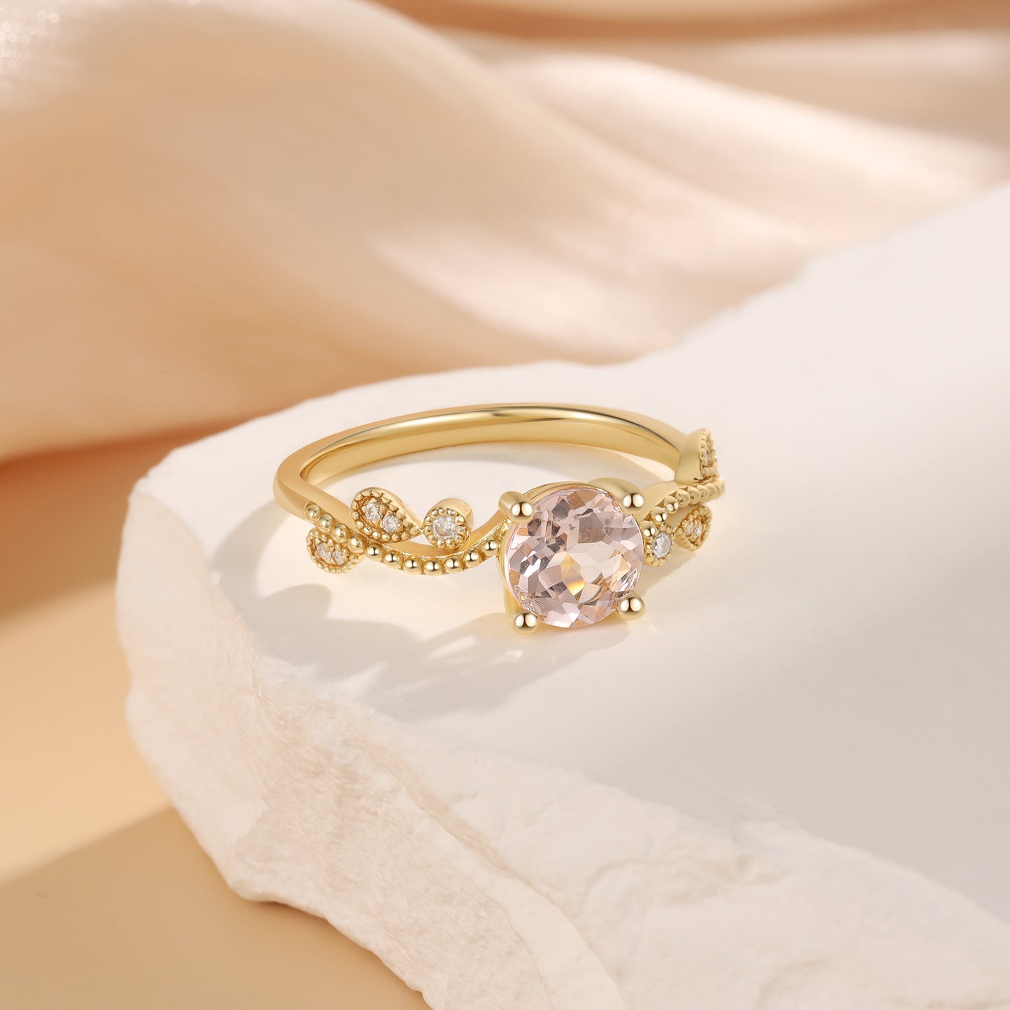 18K Gold Natural Morganite With Moissanite Ring