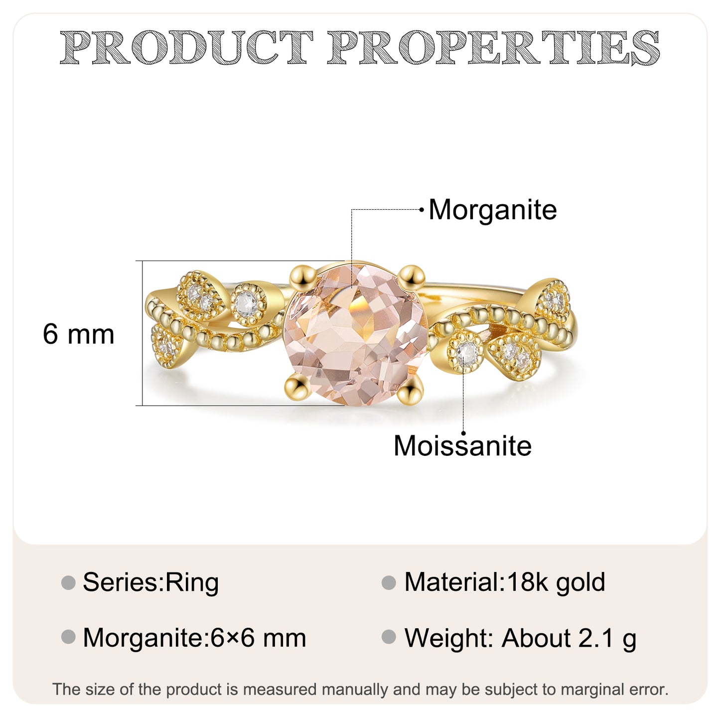 18K Gold Natural Morganite With Moissanite Ring