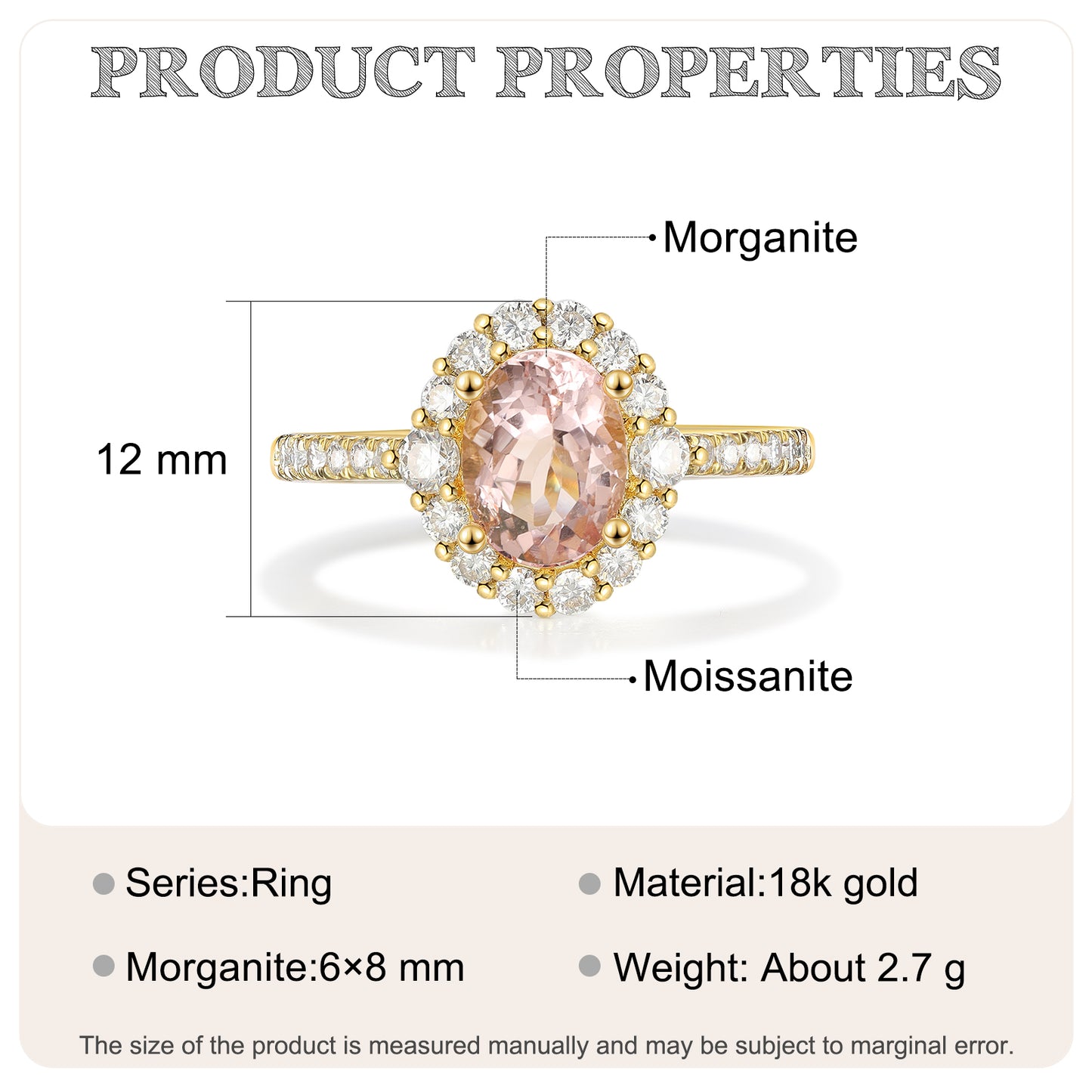 18K Gold Natural Morganite With Moissanite Ring