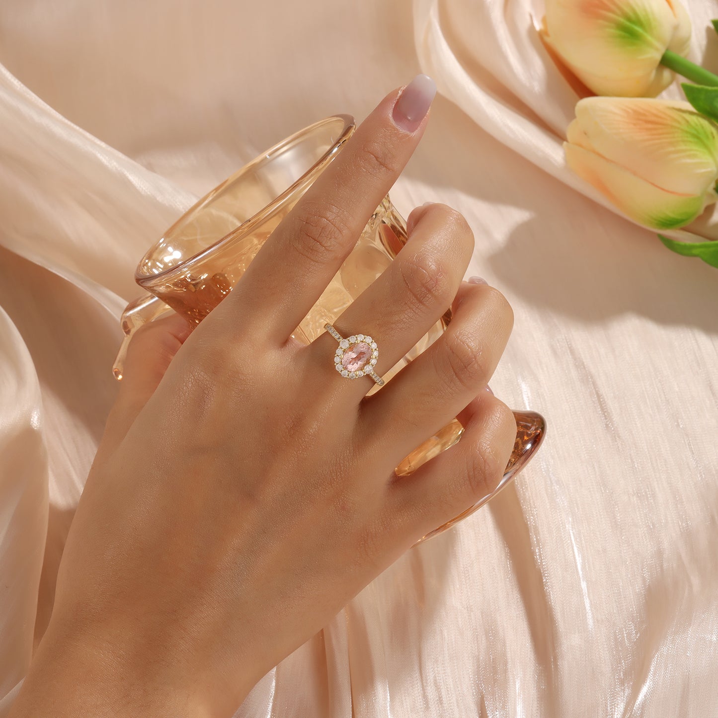 18K Gold Natural Morganite With Moissanite Ring