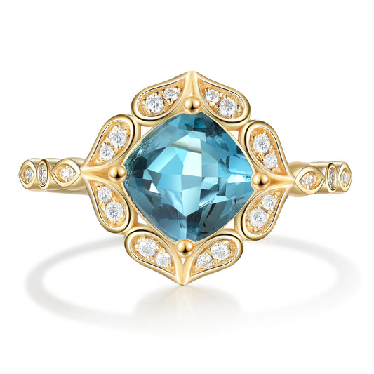 18K Gold Natural Blue Topaz With Moissanite Ring