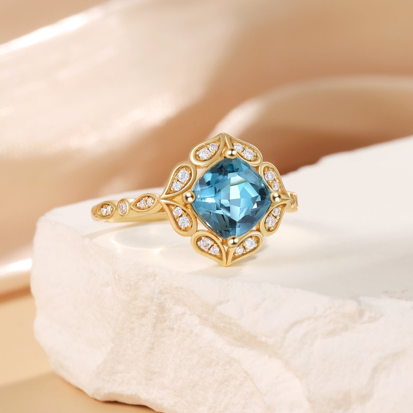 18K Gold Natural Blue Topaz With Moissanite Ring