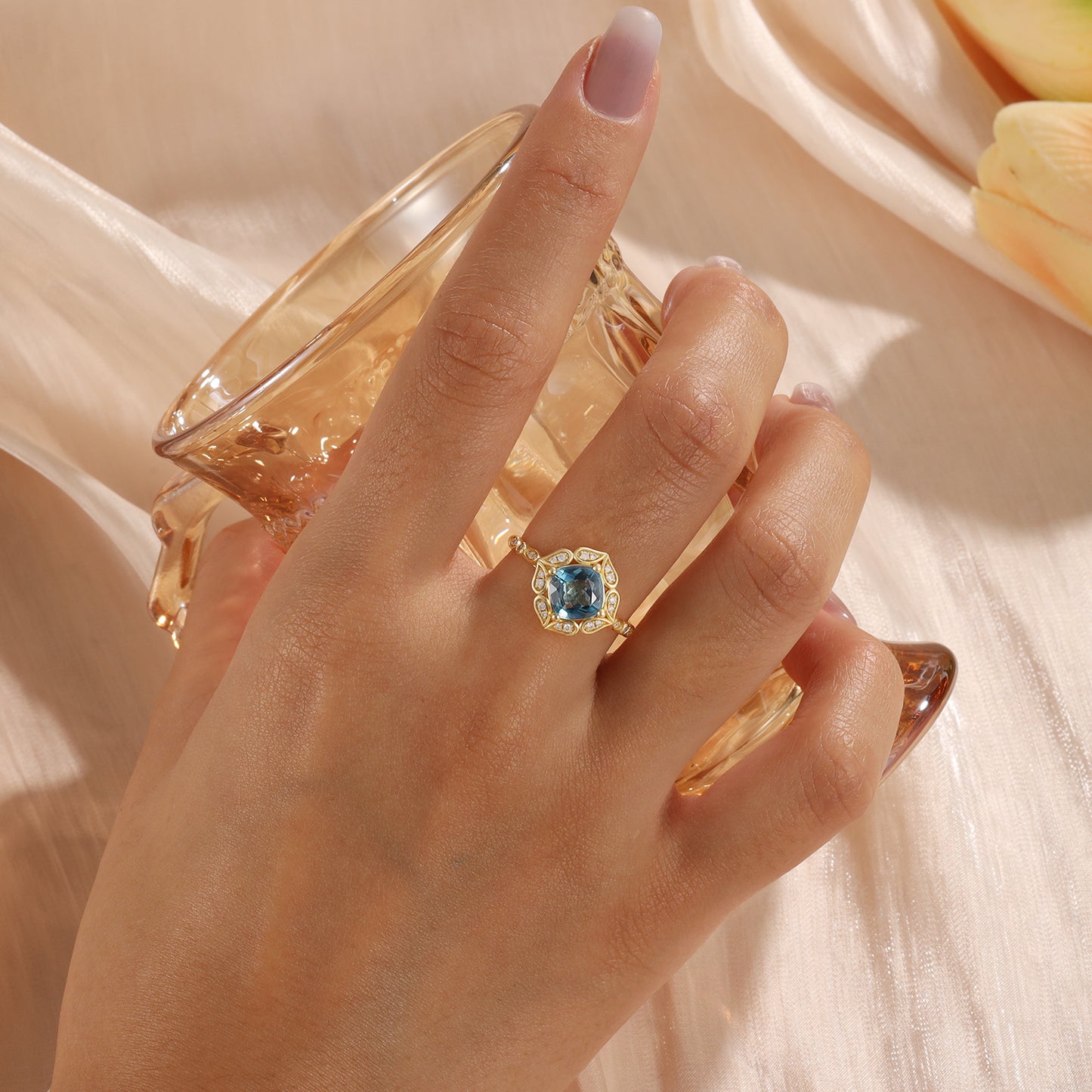18K Gold Natural Blue Topaz With Moissanite Ring