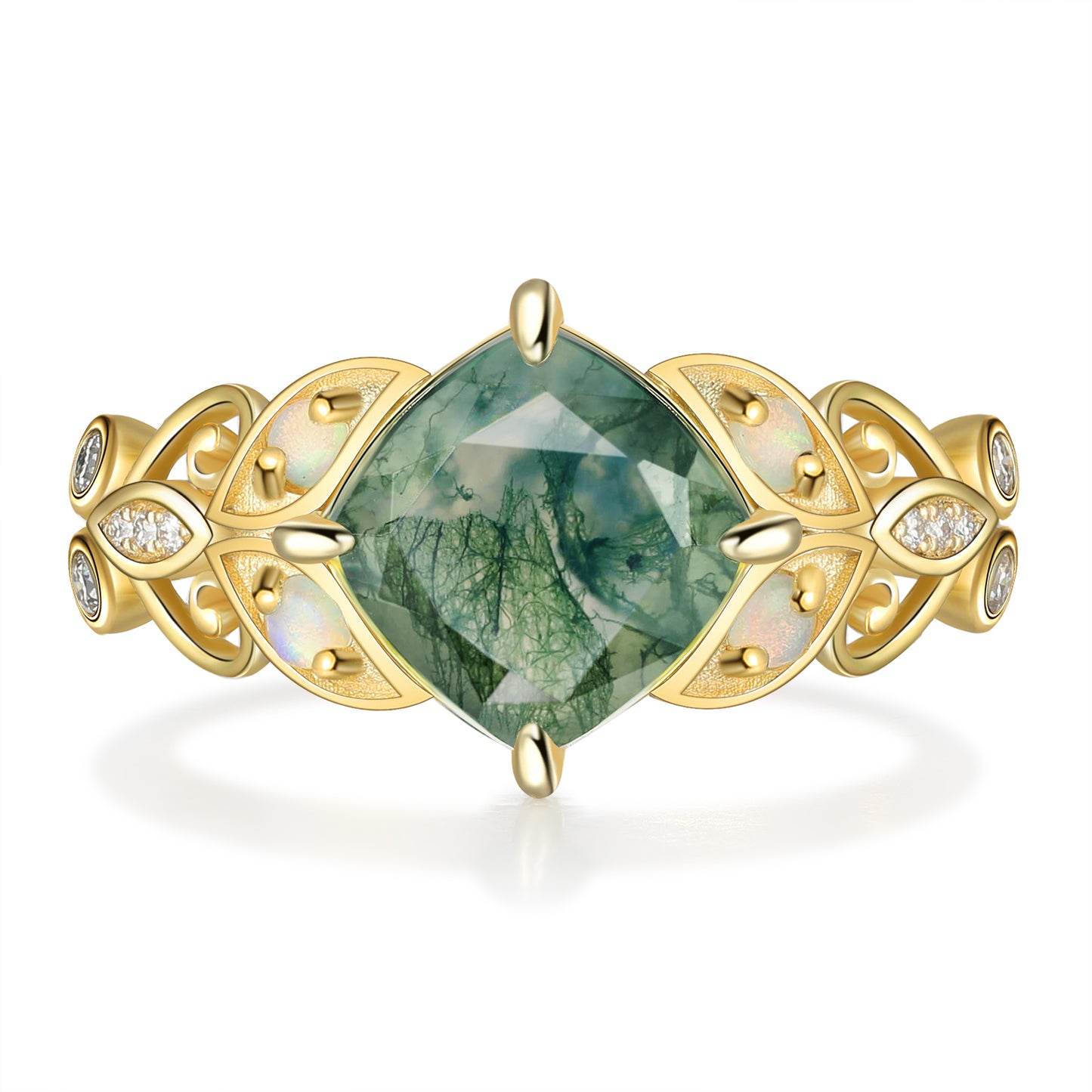 18K Gold Natural Moss Agate With Moissanite Ring