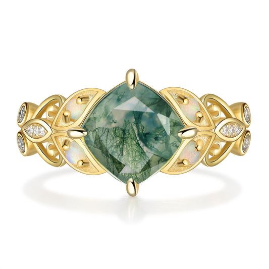 18K Gold Natural Moss Agate With Moissanite Ring