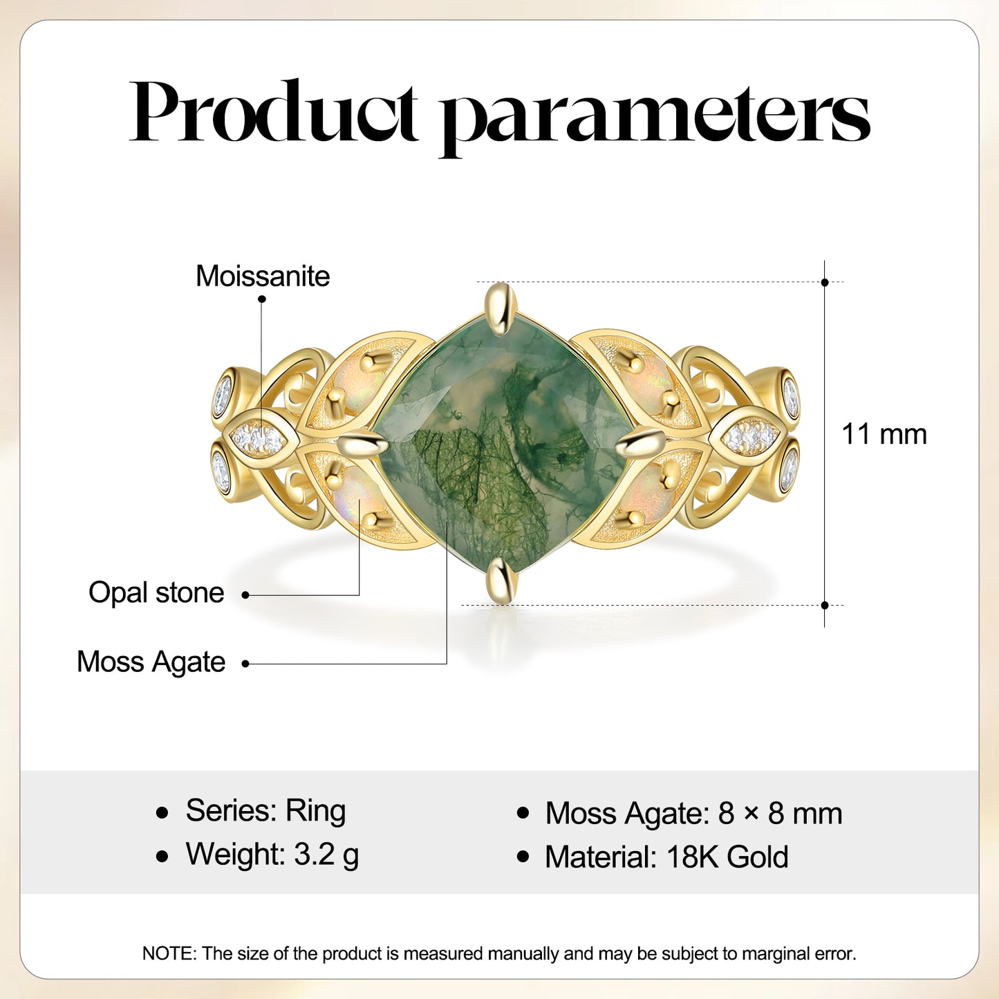 18K Gold Natural Moss Agate With Moissanite Ring