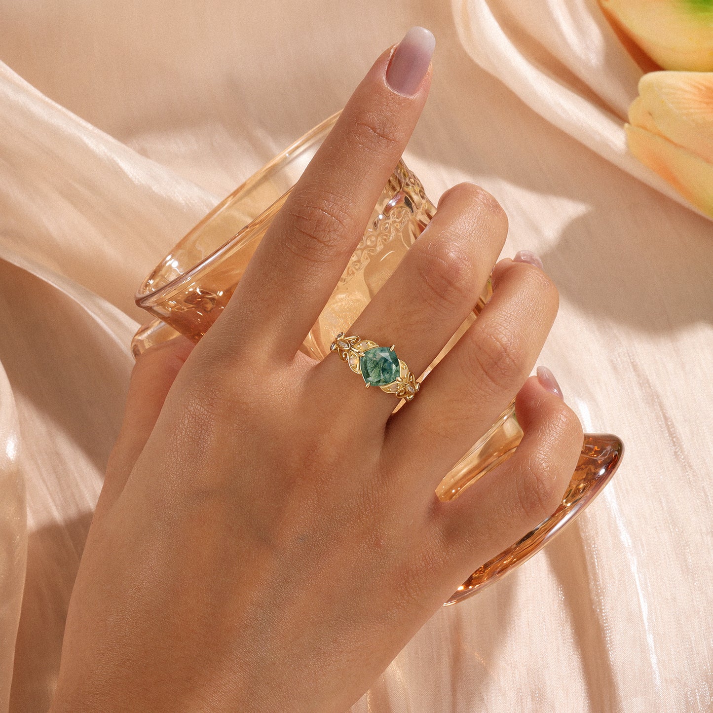 18K Gold Natural Moss Agate With Moissanite Ring