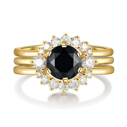18K Gold Natural Onyx With Moissanite Rings Set