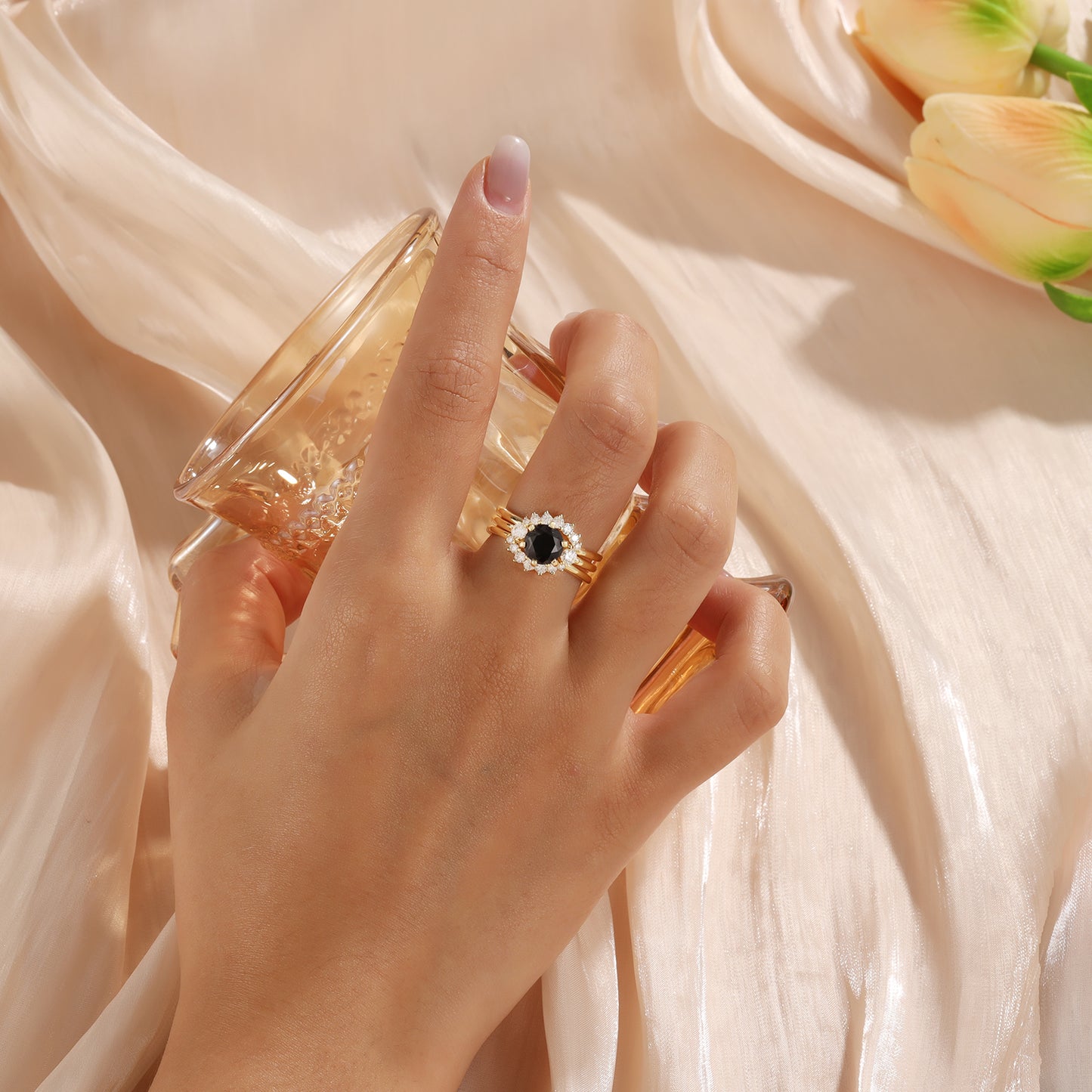 18K Gold Natural Onyx With Moissanite Rings Set