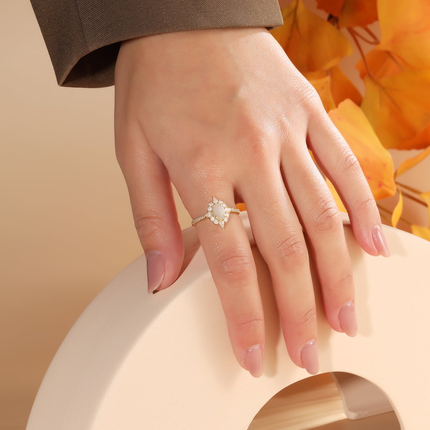 18K Natural Opal Gold Moissanite Ring