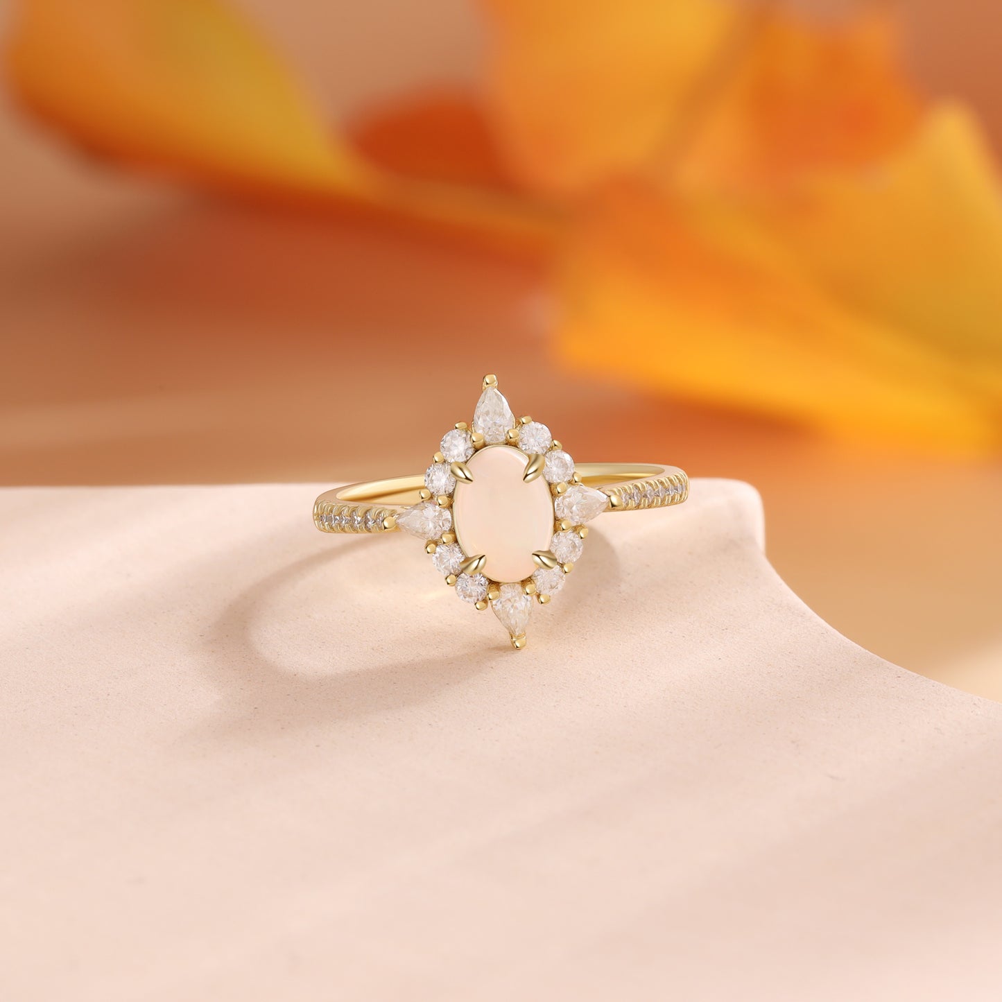 18K Natural Opal Gold Moissanite Ring