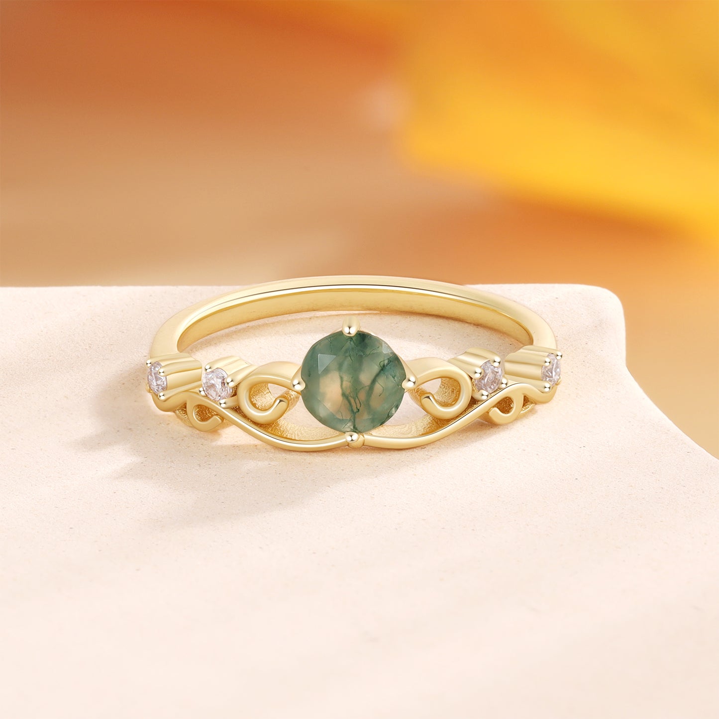 18K Gold Natural Moss Agate With Moissanite Ring