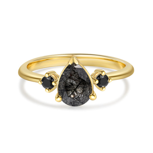 18K Gold Natural Black Quartz Ring
