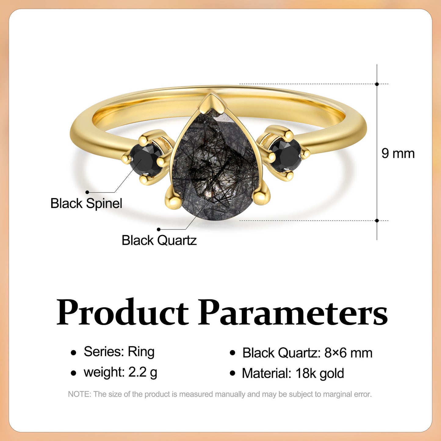 18K Gold Natural Black Quartz Ring