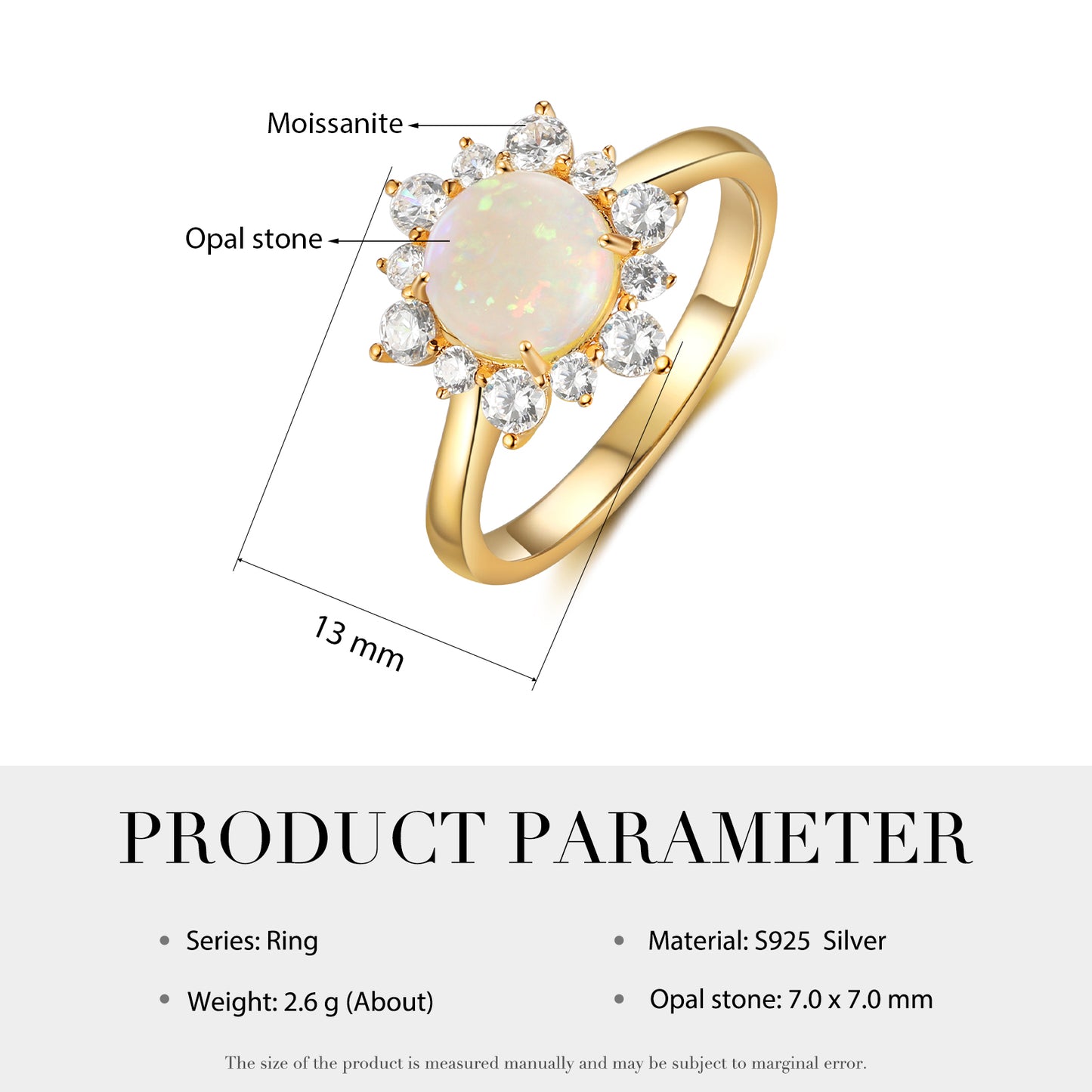 Natural Opal Flower With Moissanite 925 Sterling Silver Ring