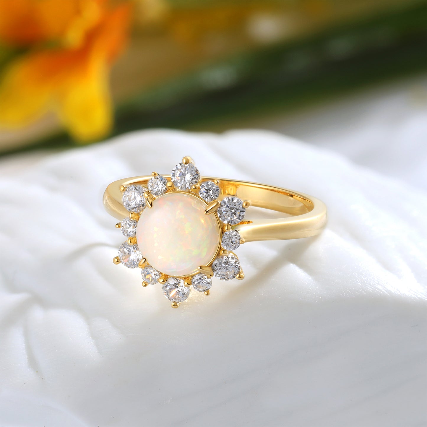 Natural Opal Flower With Moissanite 925 Sterling Silver Ring