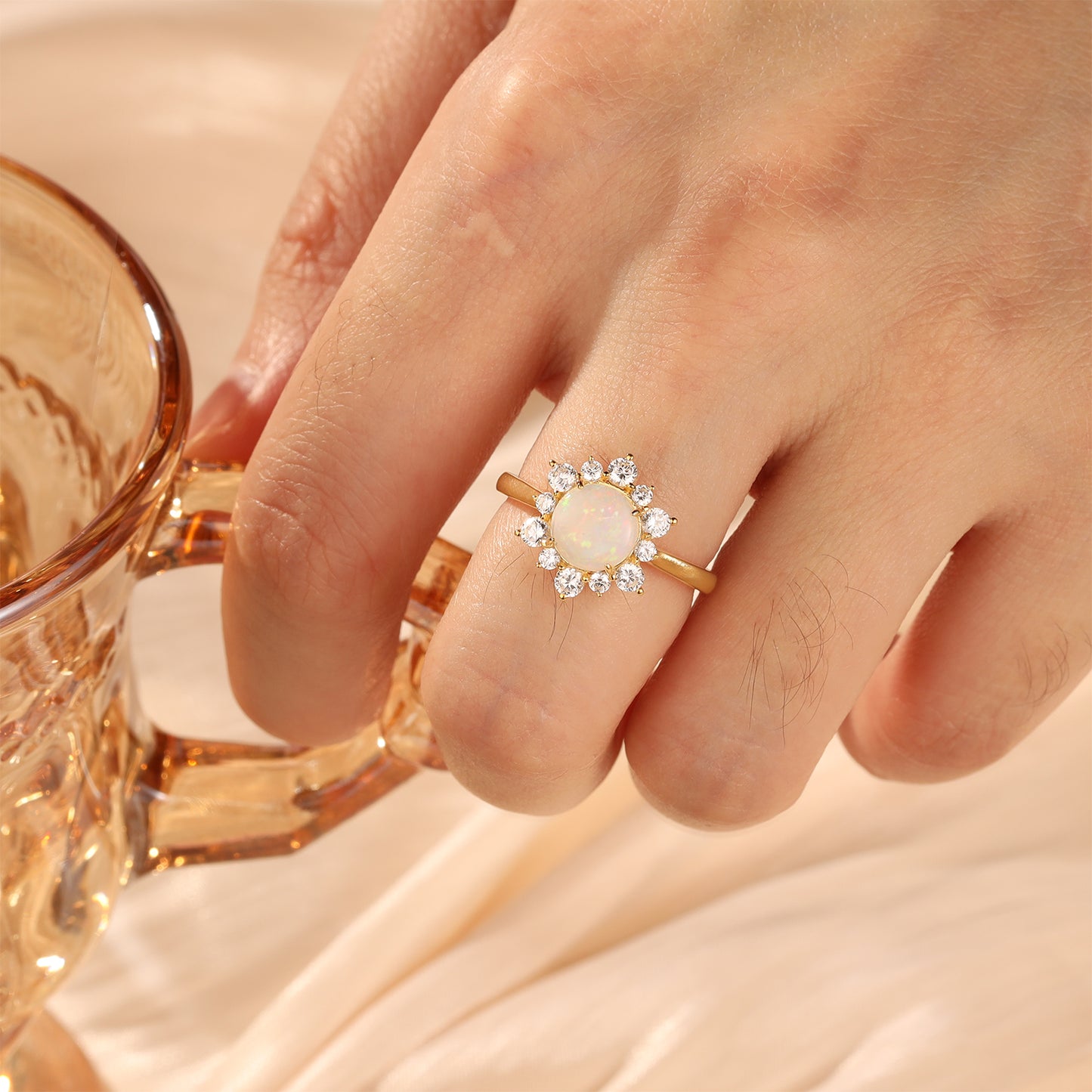 Natural Opal Flower With Moissanite 925 Sterling Silver Ring