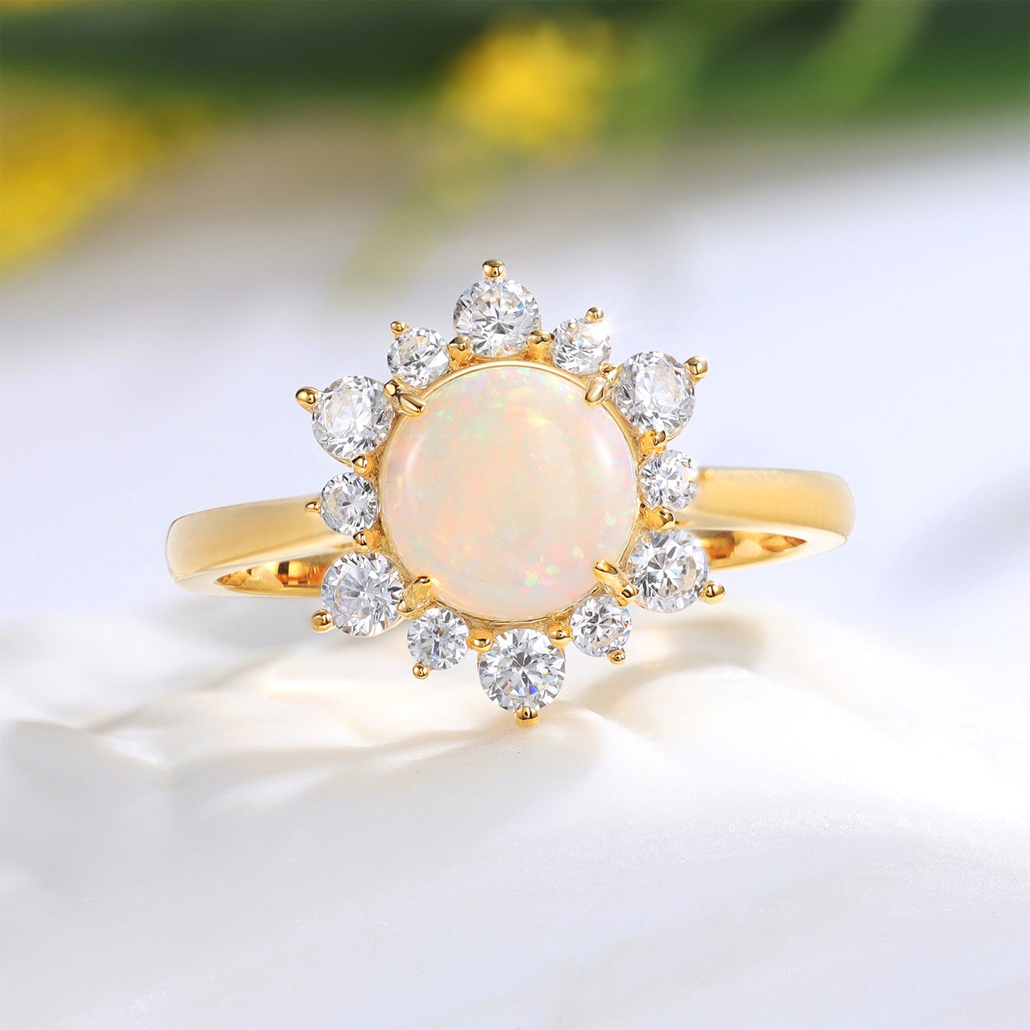 Natural Opal Flower With Moissanite 925 Sterling Silver Ring