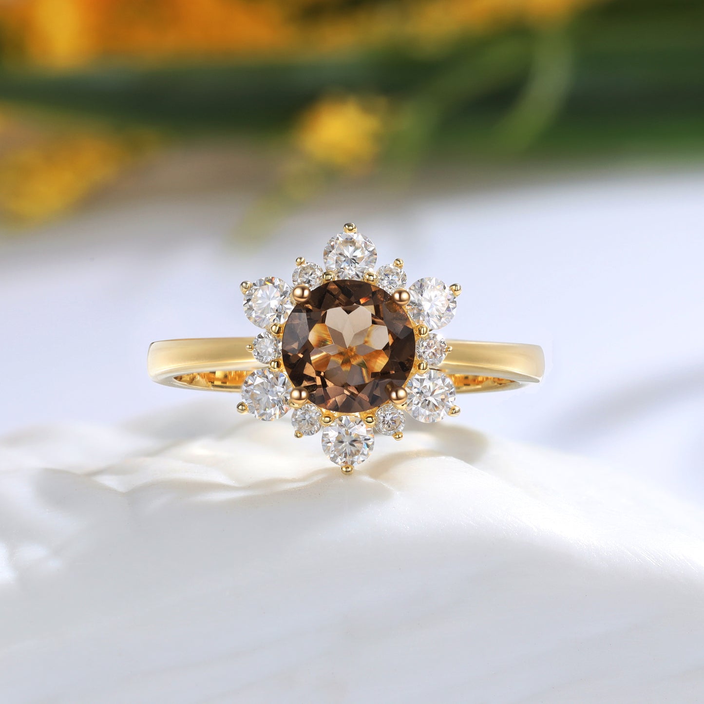 18K Gold Smoked Quartz With Moissanite Ring (Options for: Alexandrite, Onyx or Opal)