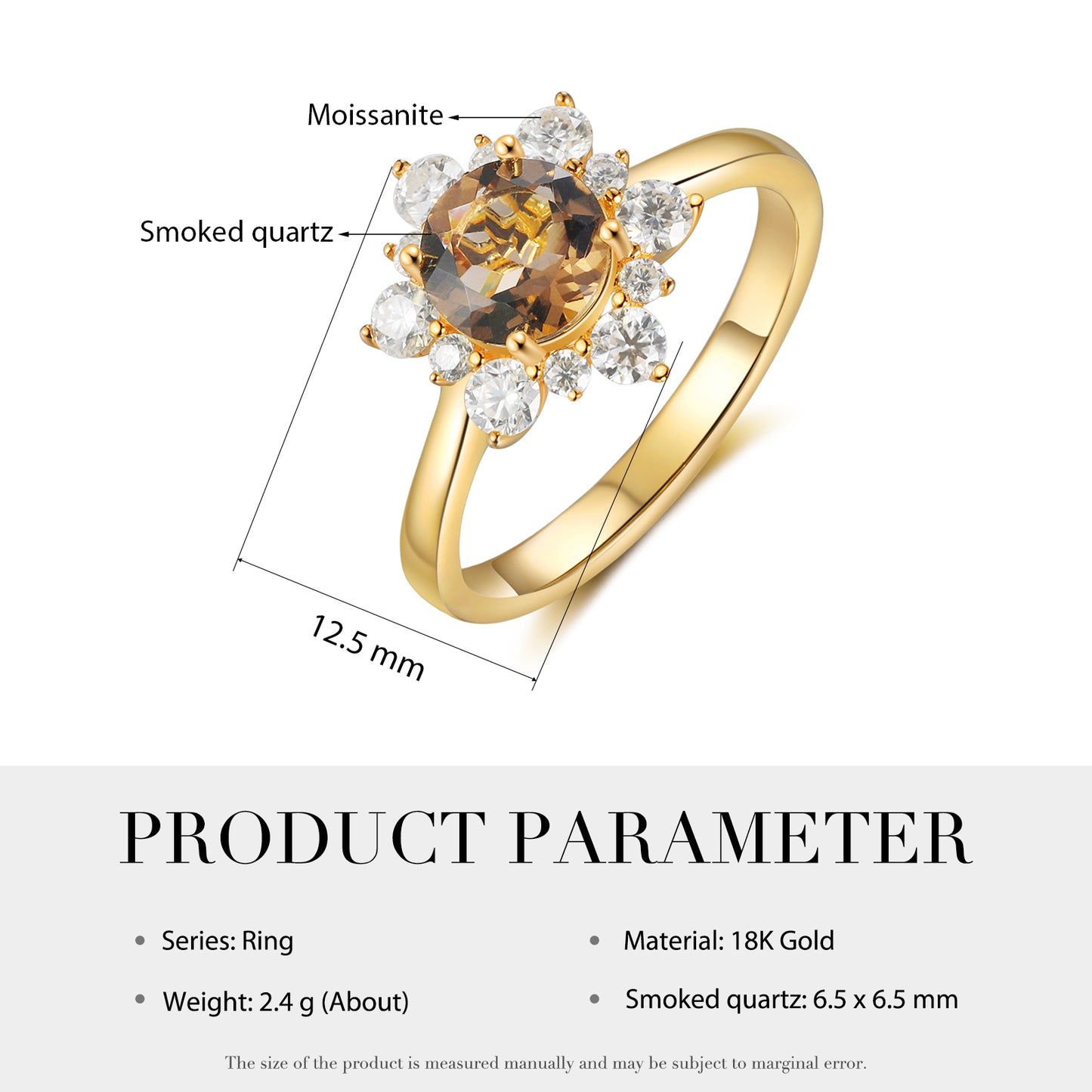 18K Gold Smoked Quartz With Moissanite Ring (Options for: Alexandrite, Onyx or Opal)