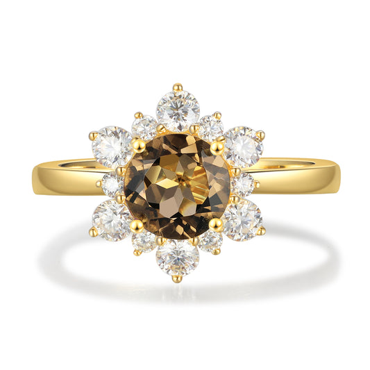 18K Gold Smoked Quartz With Moissanite Ring (Options for: Alexandrite, Onyx or Opal)
