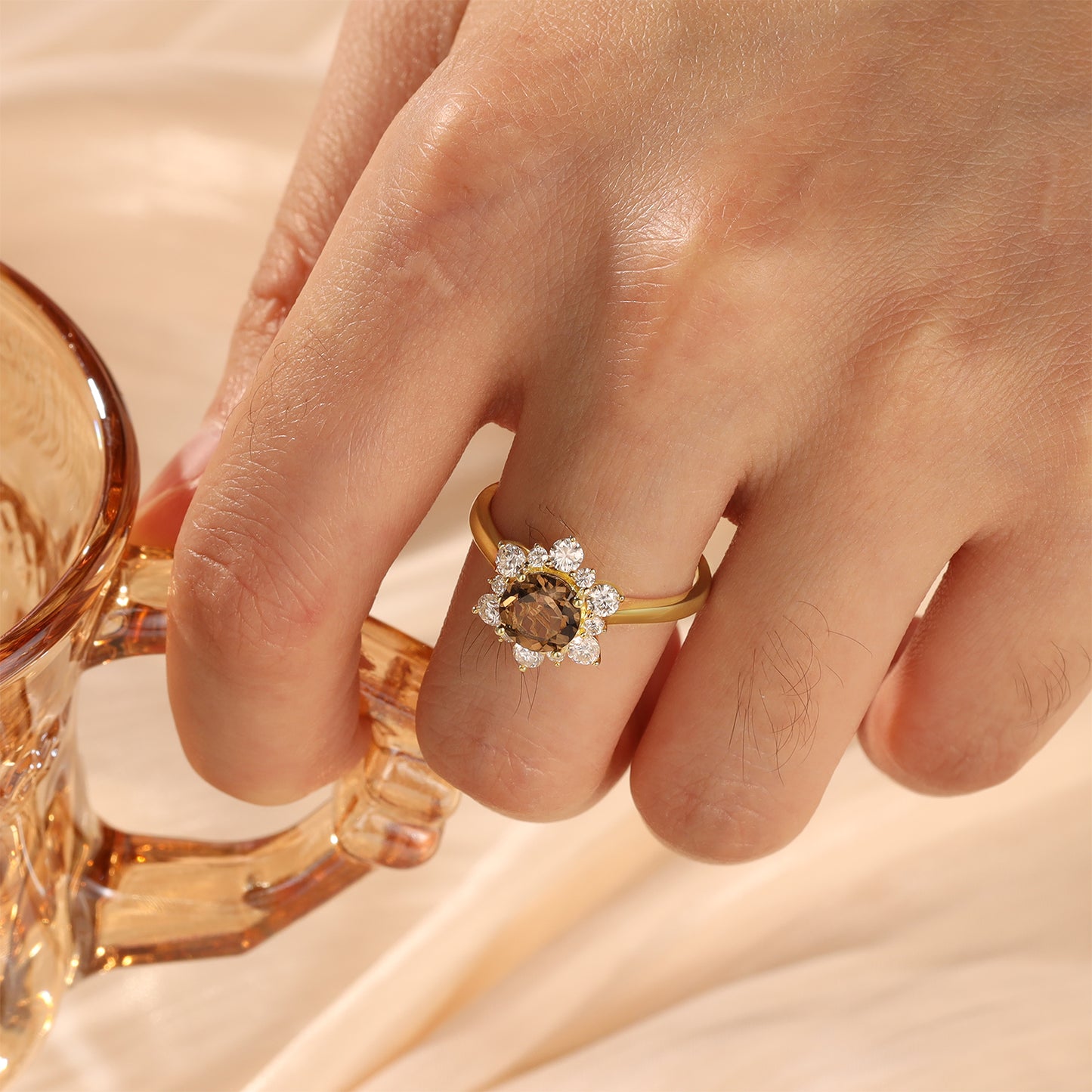 18K Gold Smoked Quartz With Moissanite Ring (Options for: Alexandrite, Onyx or Opal)