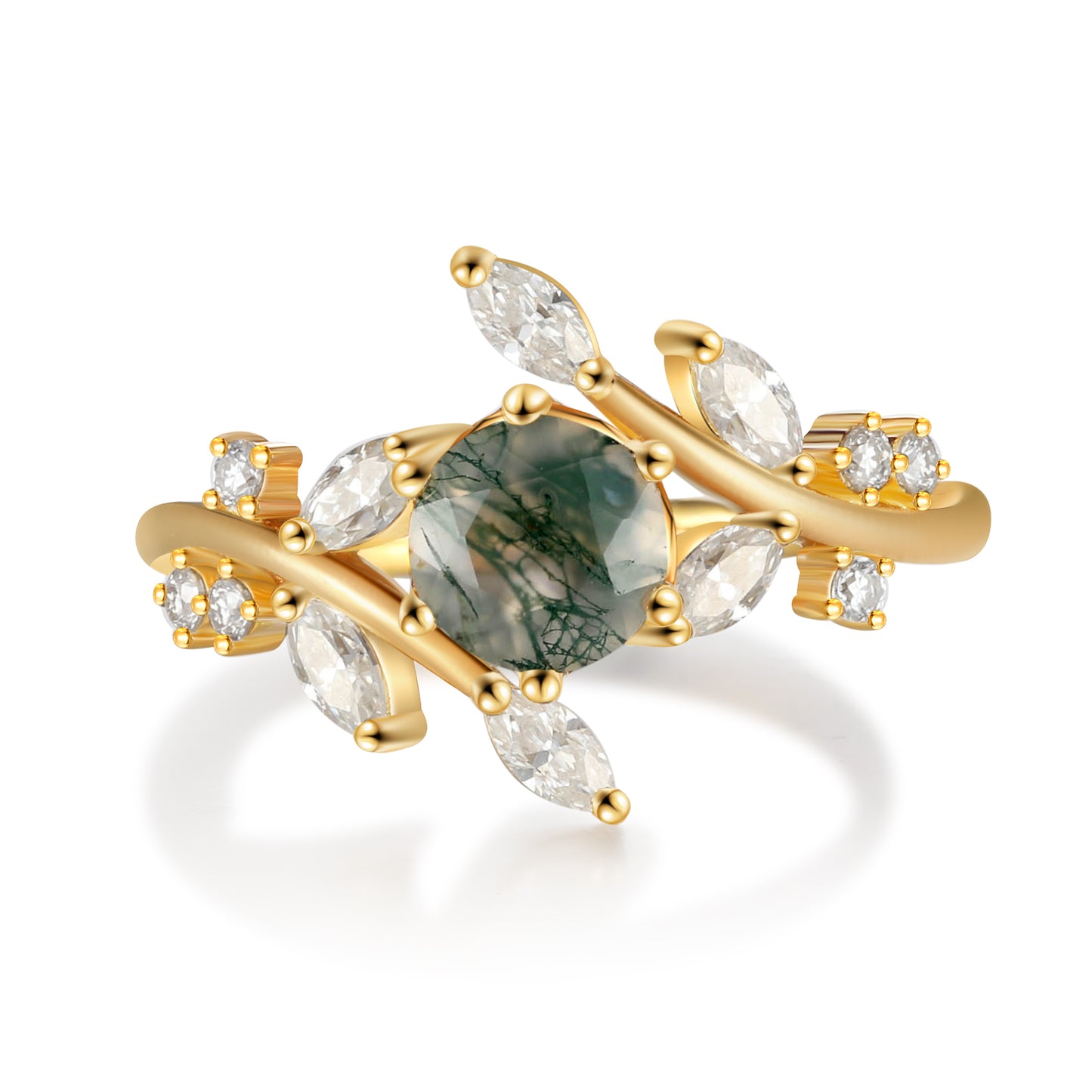 18K Gold Natural Moss Agate With Moissanite Ring