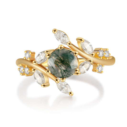 18K Gold Natural Moss Agate With Moissanite Ring