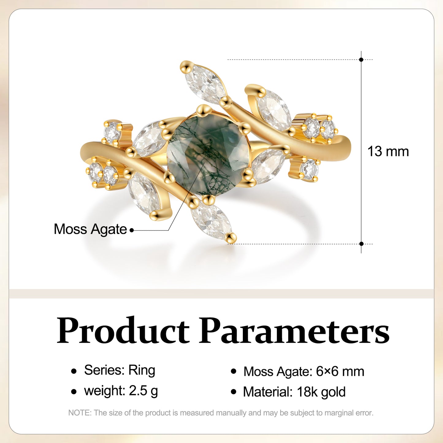 18K Gold Natural Moss Agate With Moissanite Ring