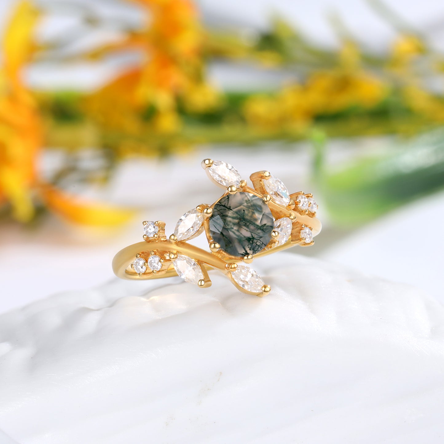 18K Gold Natural Moss Agate With Moissanite Ring