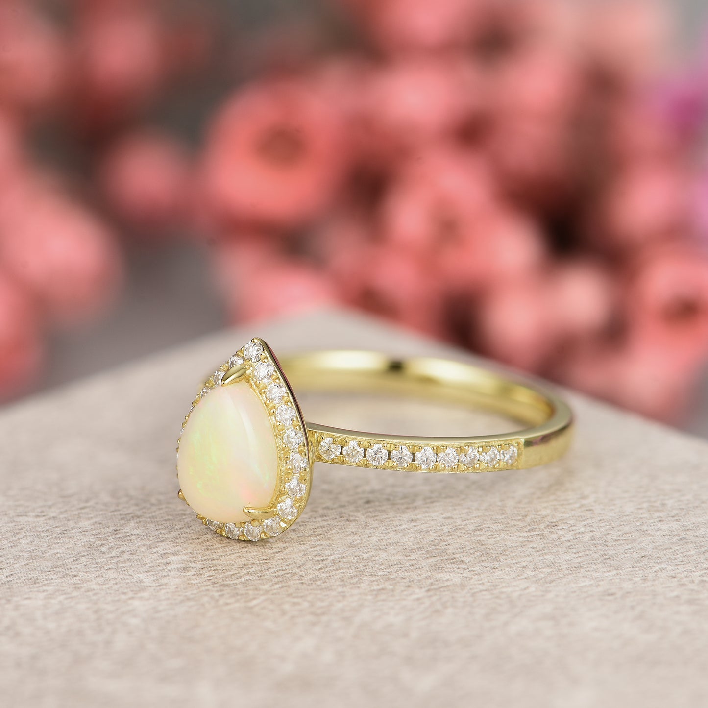 Natural Opal Pear With Moissanite 925 Sterling Silver Ring