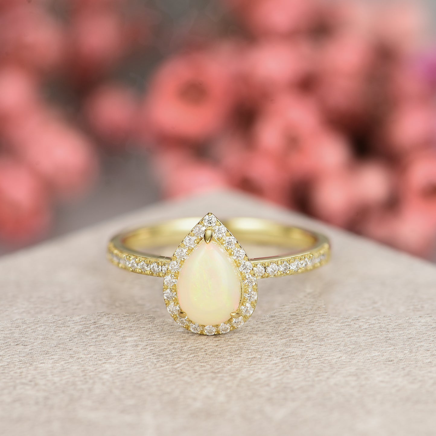 Natural Opal Pear With Moissanite 925 Sterling Silver Ring