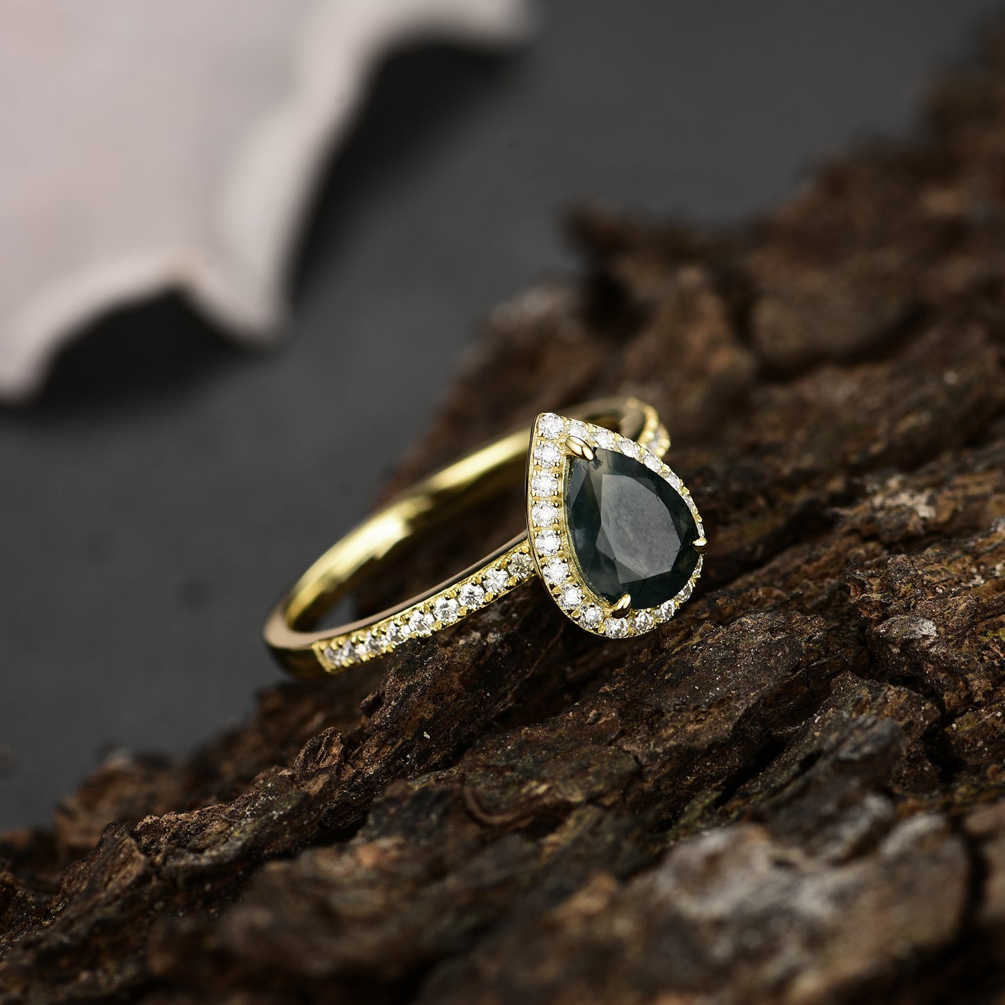 Natural Moss Agate Pear With Moissanite 925 Sterling Silver Ring