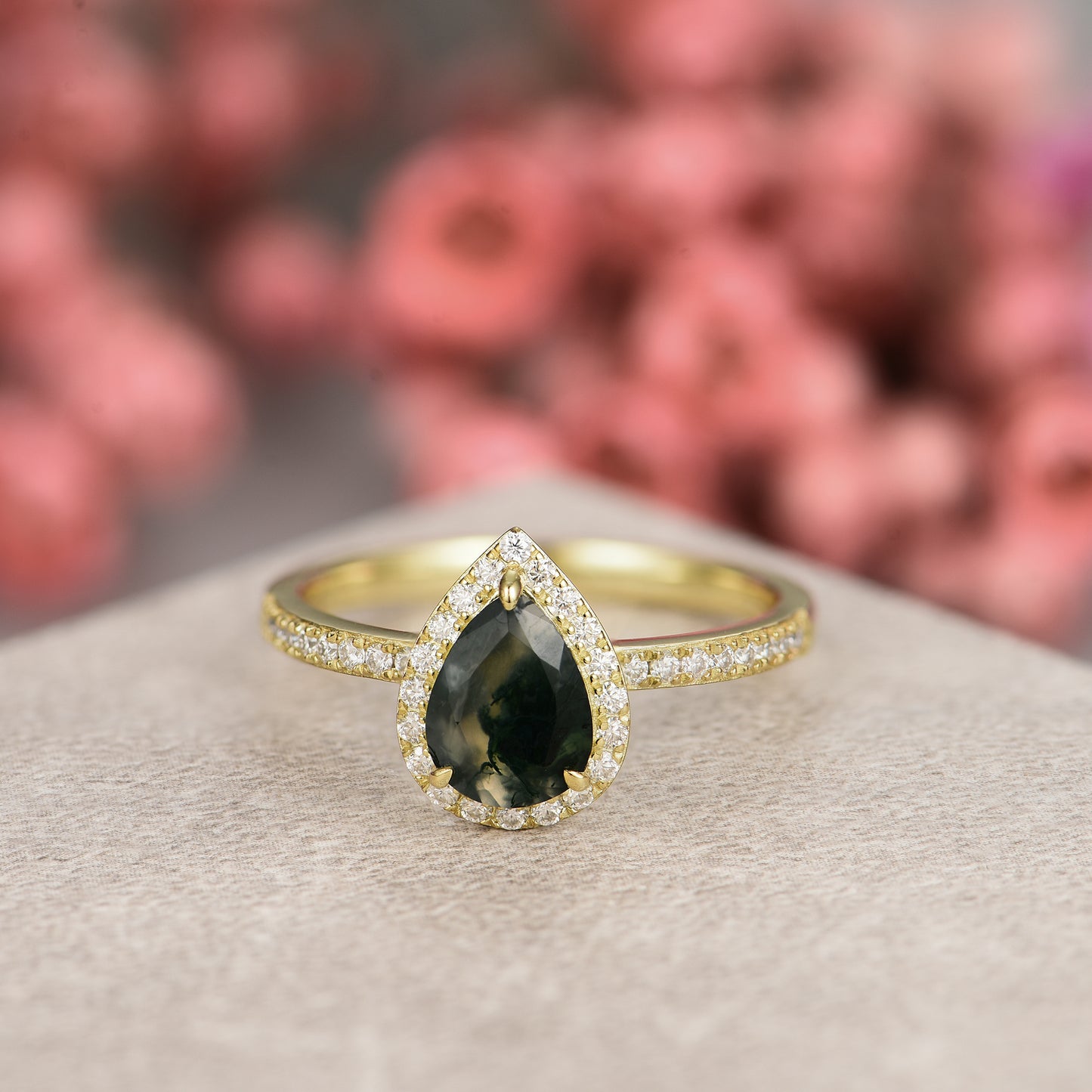 Natural Moss Agate Pear With Moissanite 925 Sterling Silver Ring