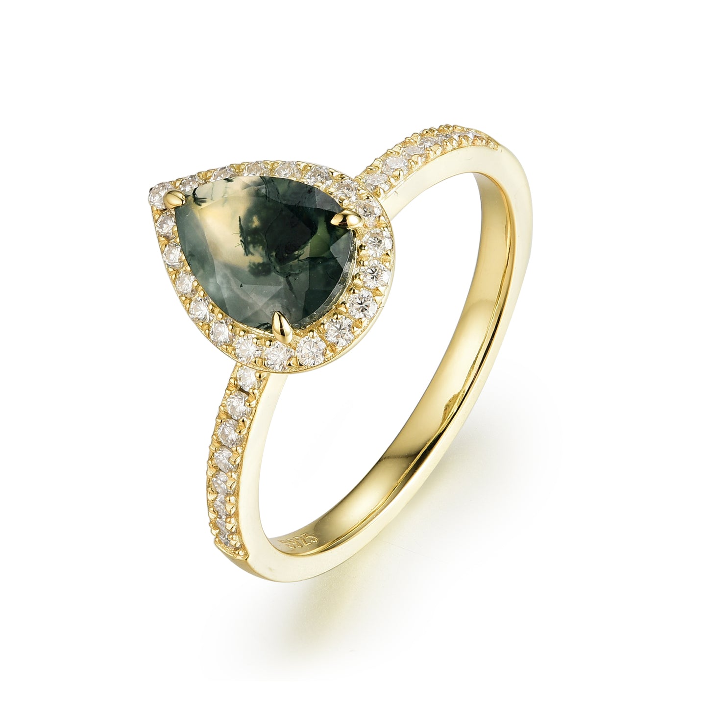 Natural Moss Agate Pear With Moissanite 925 Sterling Silver Ring