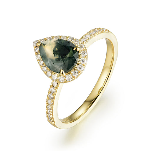 Natural Moss Agate Pear With Moissanite 925 Sterling Silver Ring