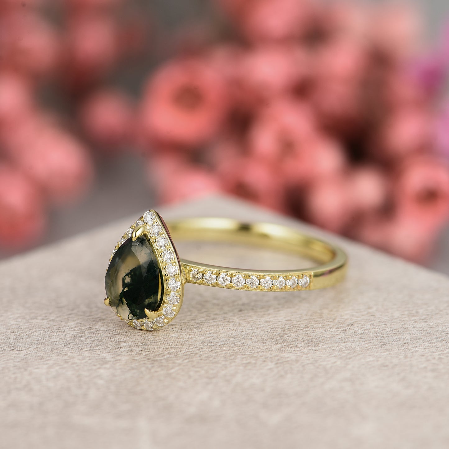 Natural Moss Agate Pear With Moissanite 925 Sterling Silver Ring