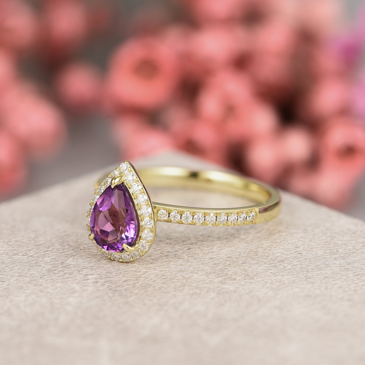 Natural Amethyst Pear With Moissanite 925 Sterling Silver Ring