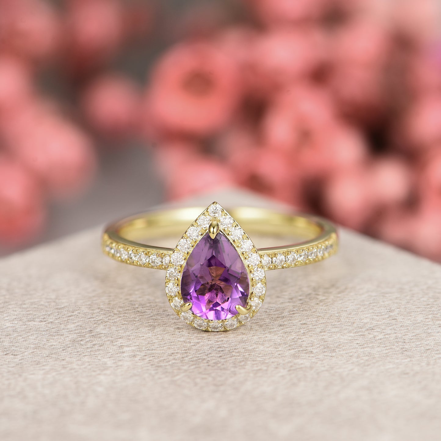Natural Amethyst Pear With Moissanite 925 Sterling Silver Ring