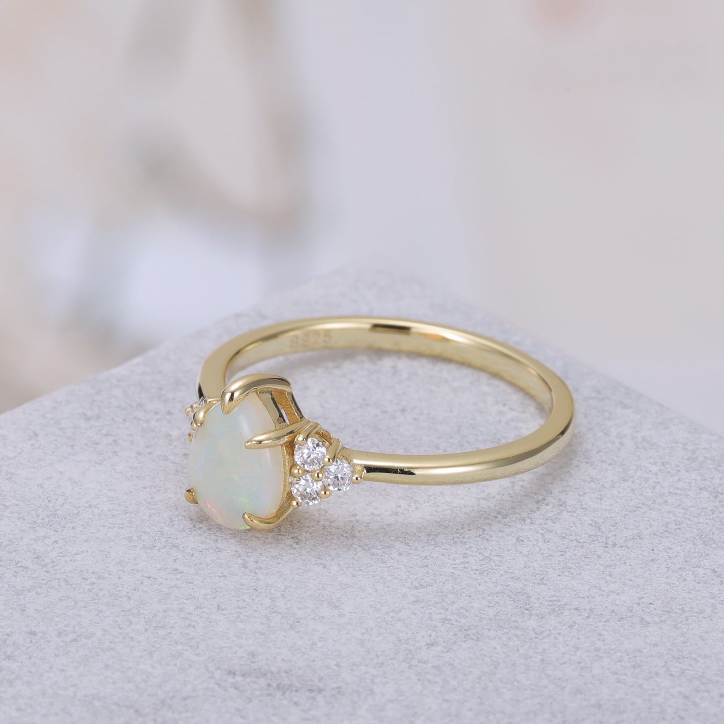 Natural Opal Pear With Moissanite 925 Sterling Silver Ring