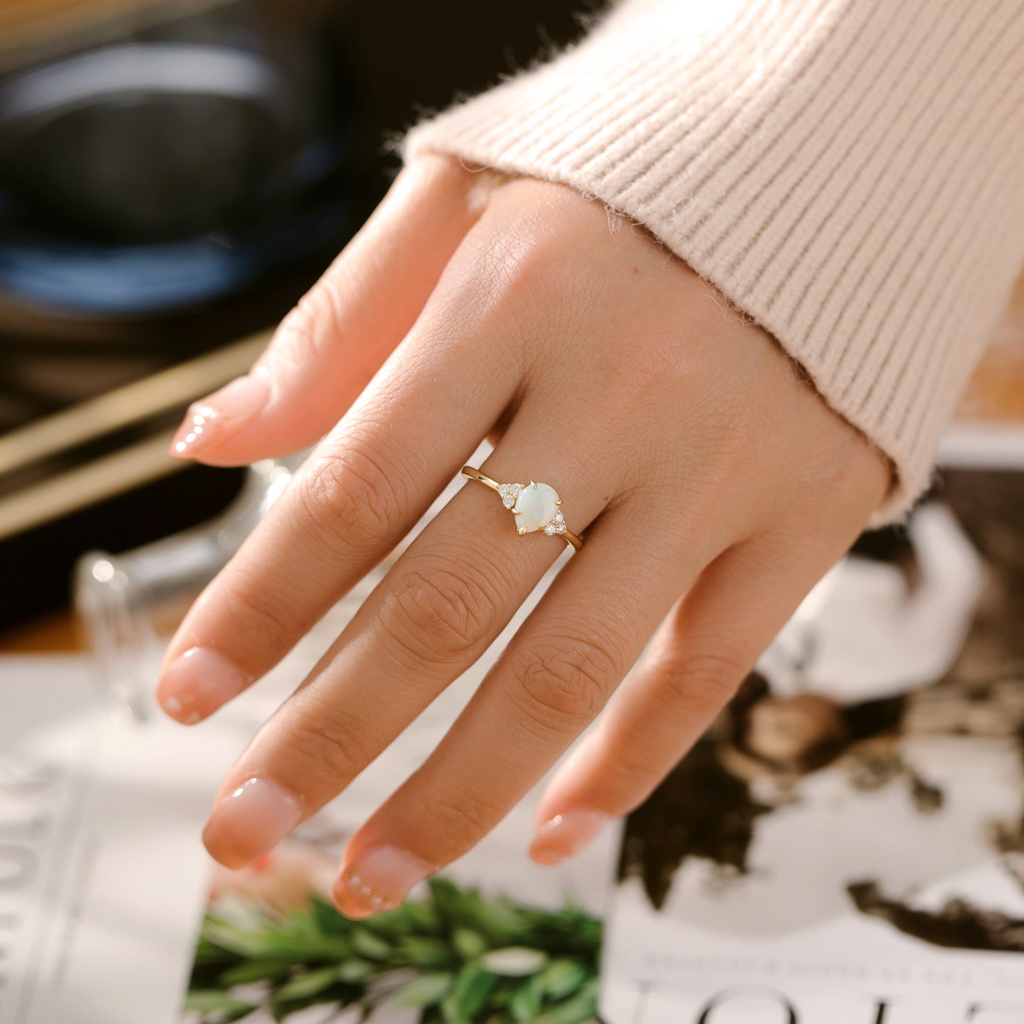 Natural Opal Pear With Moissanite 925 Sterling Silver Ring