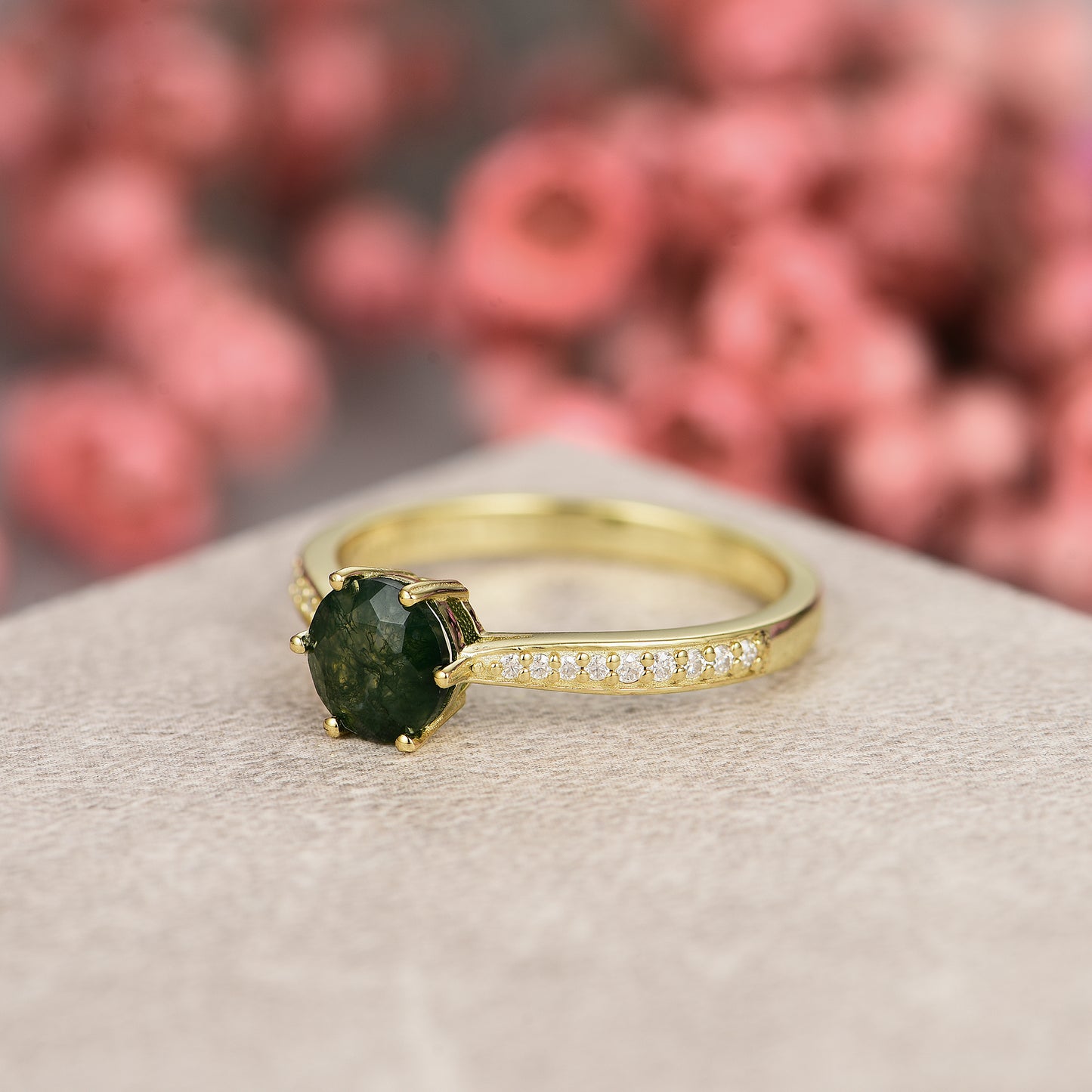 Natural Moss Agate Round With Moissanite 925 Sterling Silver Ring