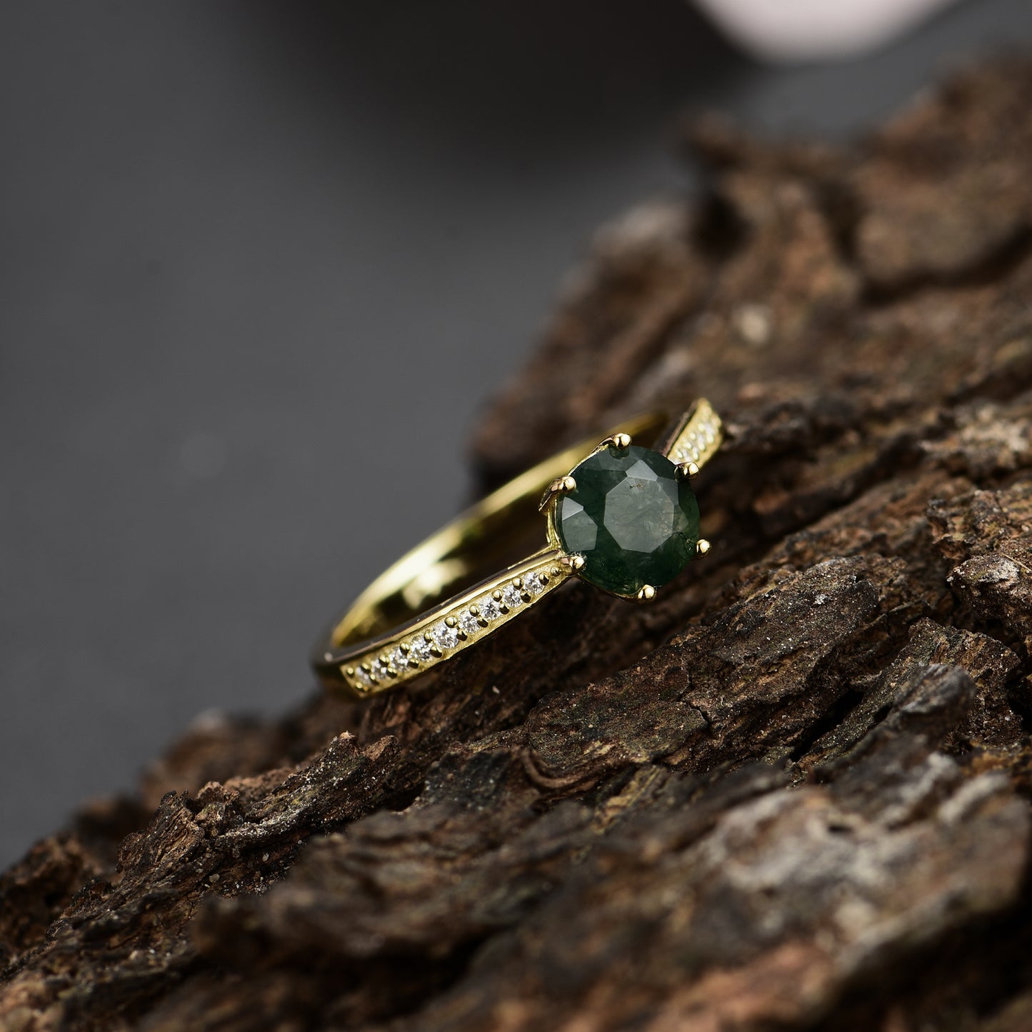 Natural Moss Agate Round With Moissanite 925 Sterling Silver Ring