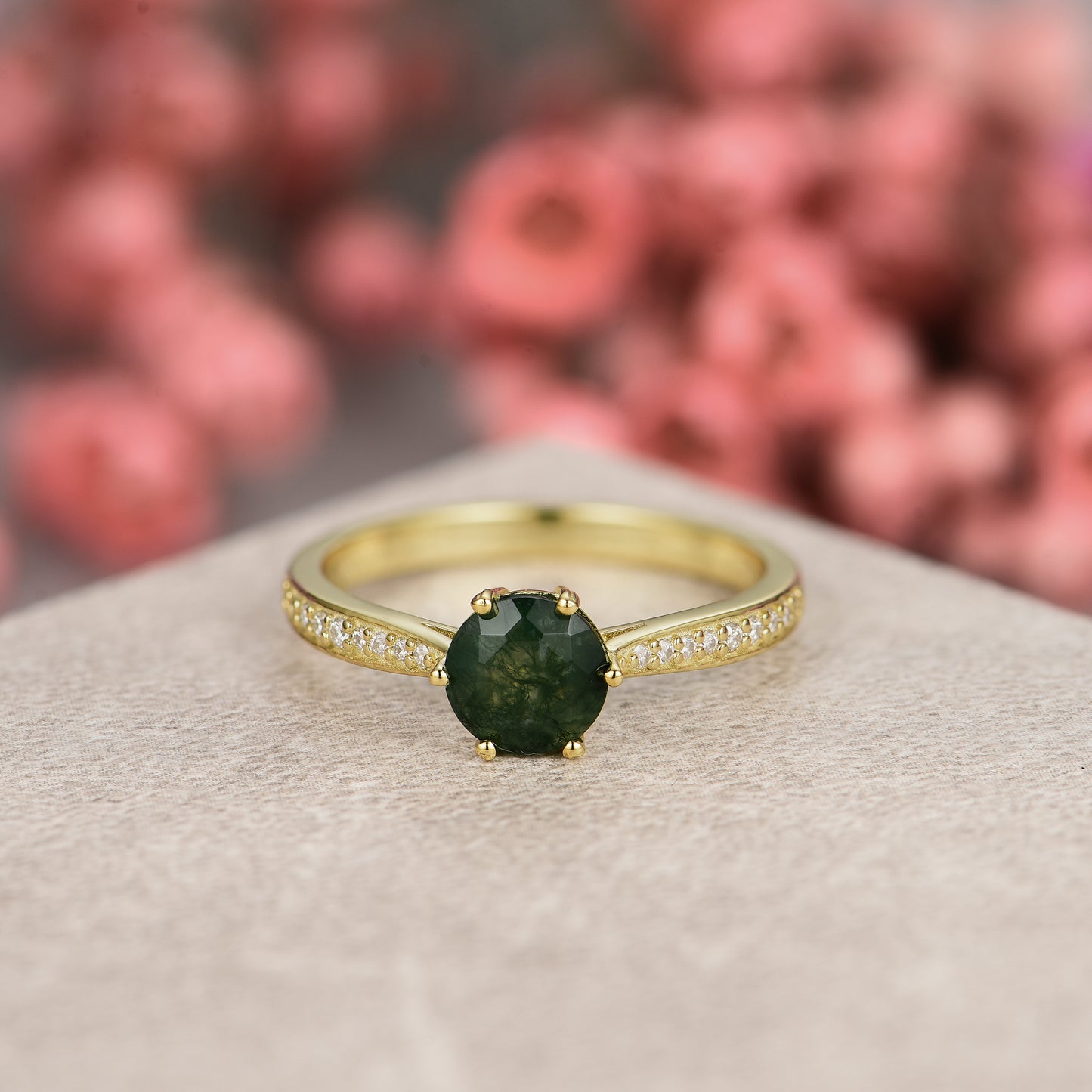 Natural Moss Agate Round With Moissanite 925 Sterling Silver Ring